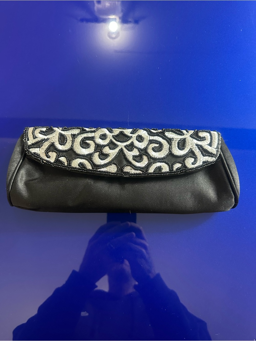 La Regale Black Satin Clutch with Silver Beaded Flap